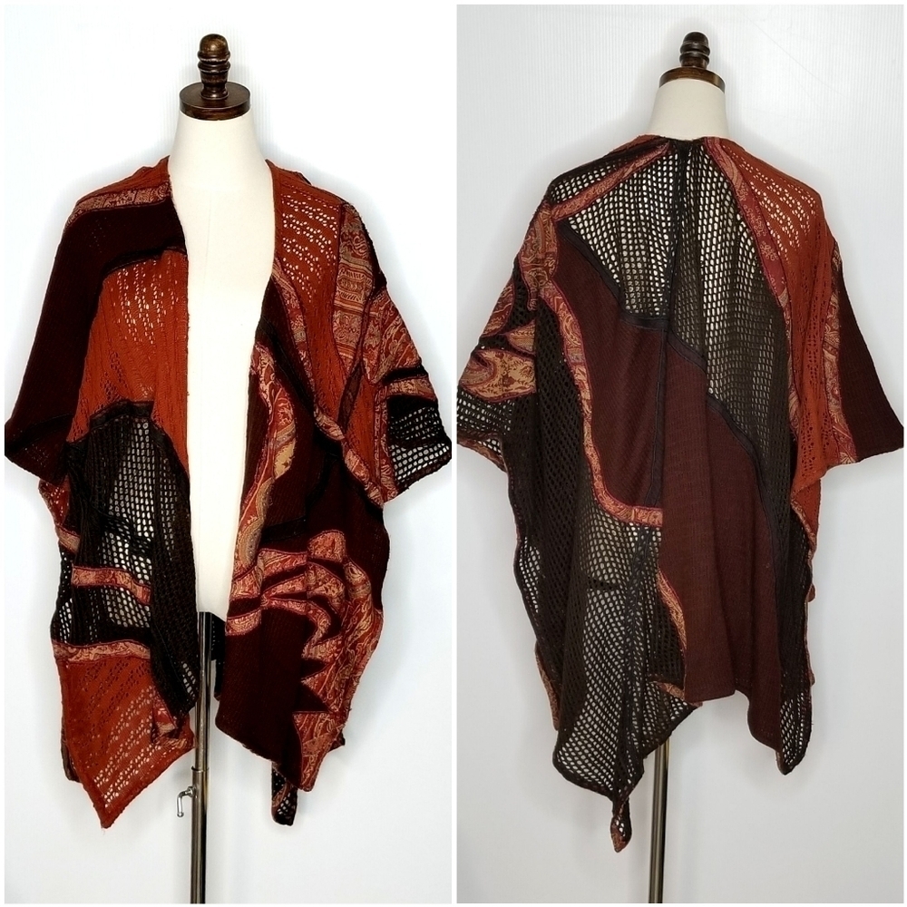 Chico's One Size Patchwork Wool Blend Bohemian Shawl Open Cardigan Poncho